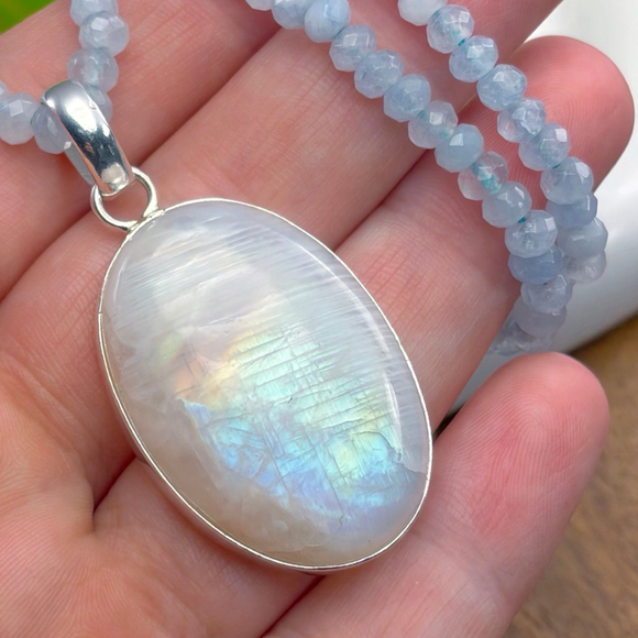 Sterling Silver 925 Rainbow Moonstone Pendant Blue Necklace Boho Southwest - Picture 4 of 11